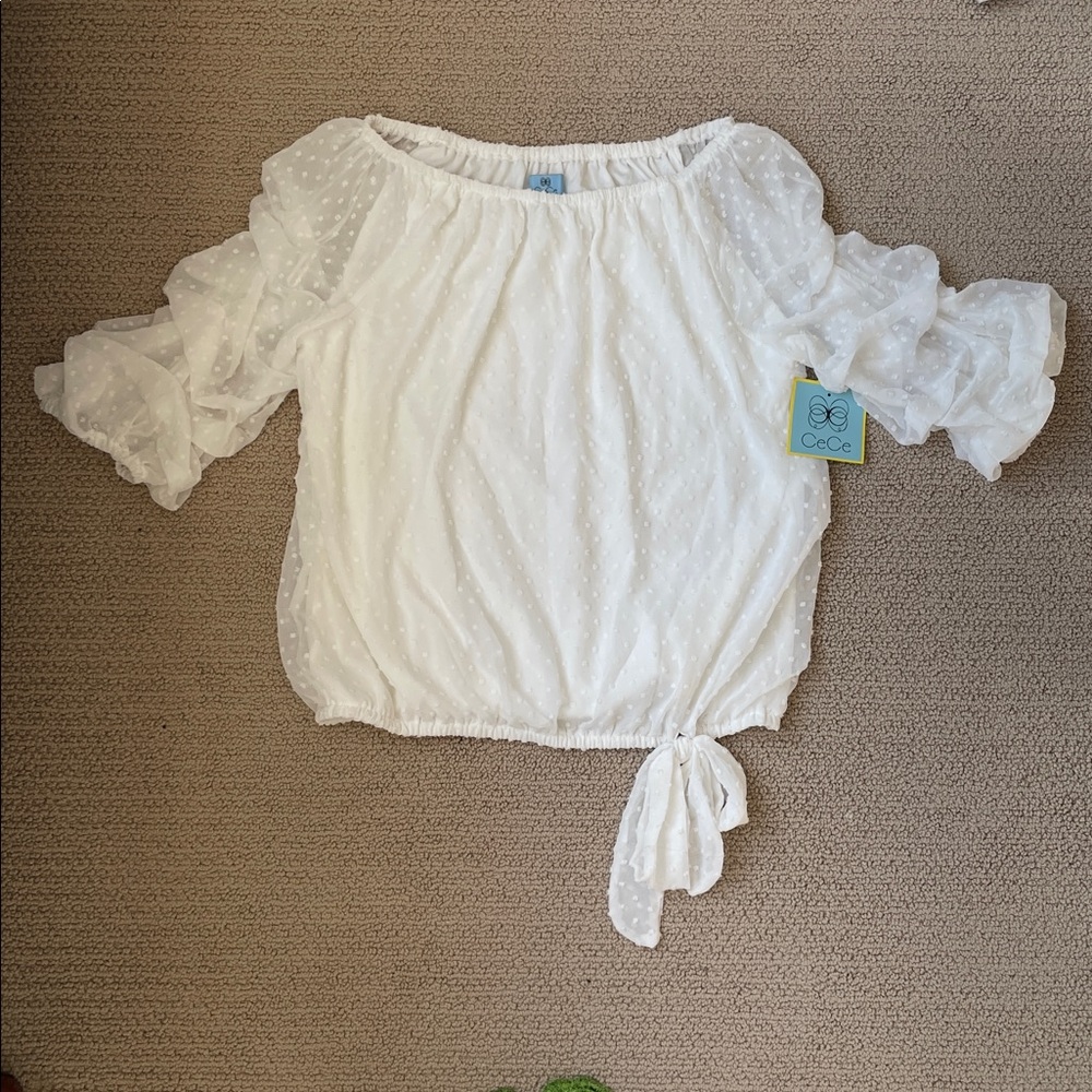 CeCe White Polka Dot Ruffle Blouse